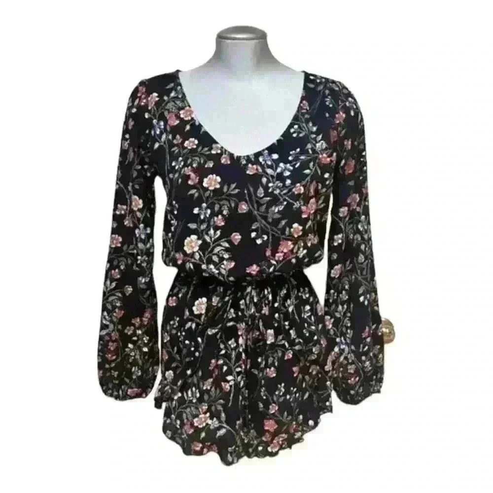 Abercrombie & Fitch Romper Floral Long Sleeve Cinch Waist Black